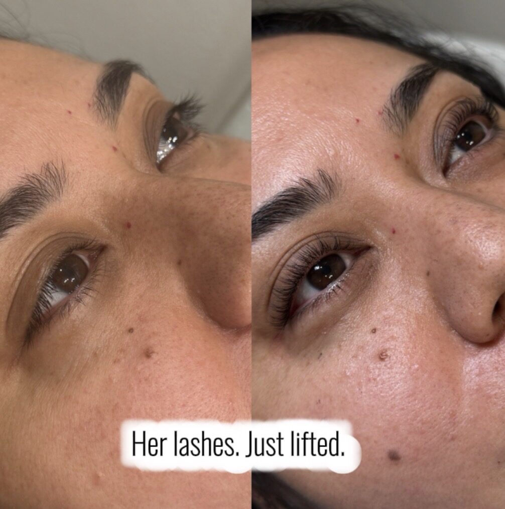 Before and after of a lash lift done at Glow Haus